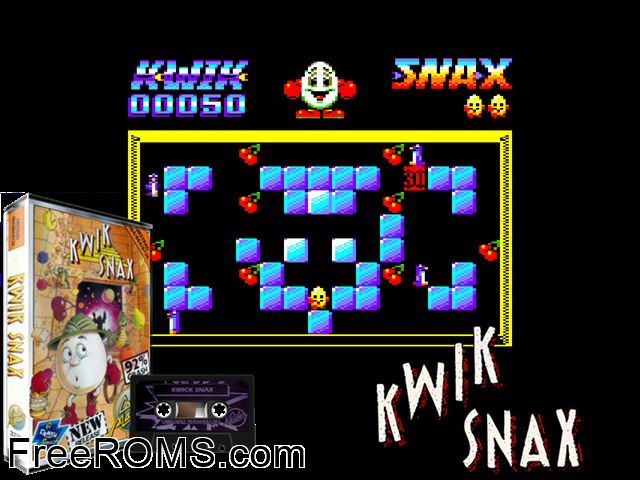 Kwik Snax (UK) (1990) [h1] Amstrad CPC game showing 3D box cover and gameplay screenshot